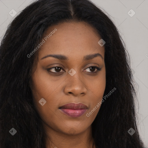 Joyful asian young-adult female with long  brown hair and brown eyes