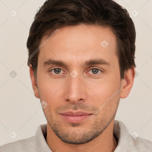 Neutral white young-adult male with short  brown hair and brown eyes