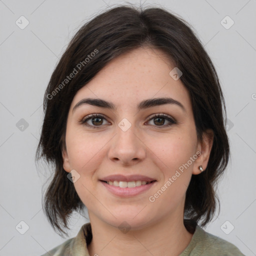 Joyful white young-adult female with medium  brown hair and brown eyes