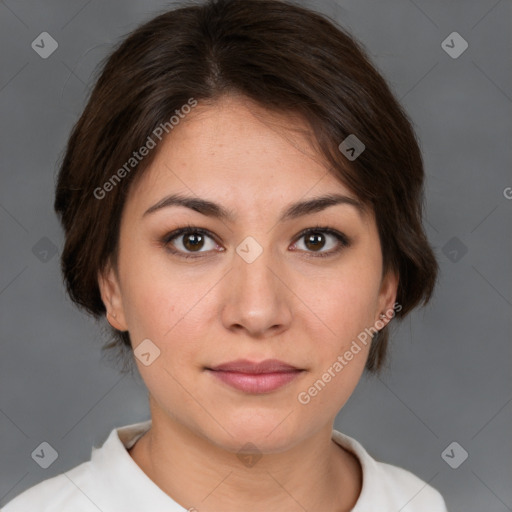 Neutral white young-adult female with medium  brown hair and brown eyes