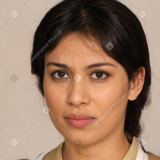 Neutral latino young-adult female with medium  brown hair and brown eyes