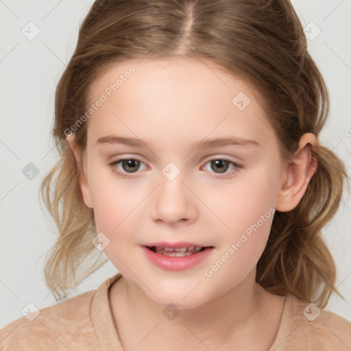 Joyful white child female with medium  brown hair and brown eyes