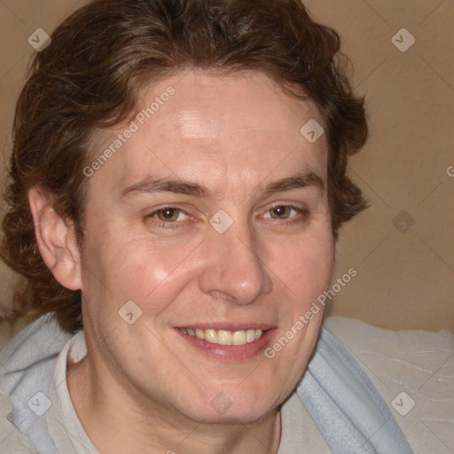 Joyful white adult male with medium  brown hair and brown eyes