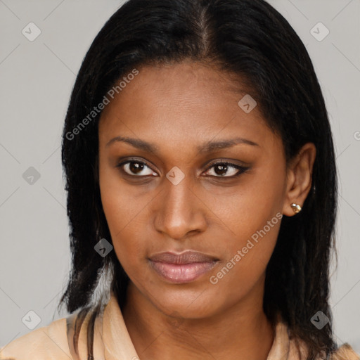 Joyful latino young-adult female with long  brown hair and brown eyes