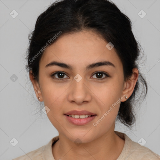 Joyful latino young-adult female with medium  brown hair and brown eyes