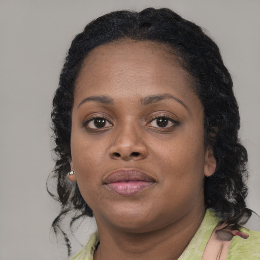 Joyful black adult female with medium  black hair and brown eyes