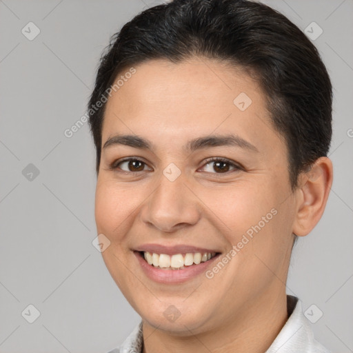 Joyful white young-adult female with short  brown hair and brown eyes