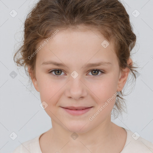 Joyful white child female with short  brown hair and brown eyes