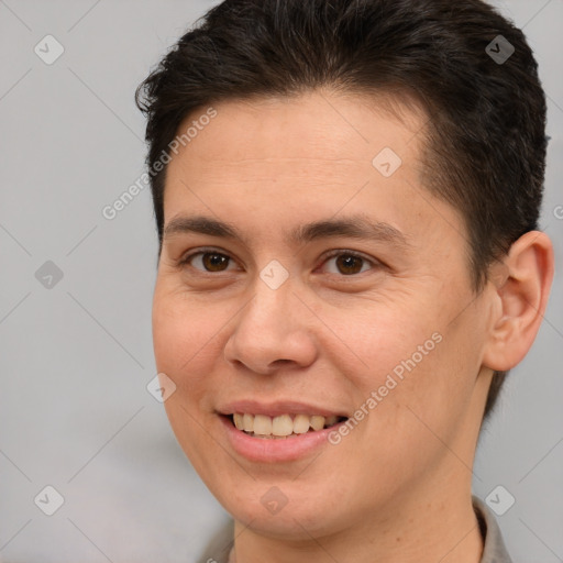 Joyful white young-adult female with short  brown hair and brown eyes