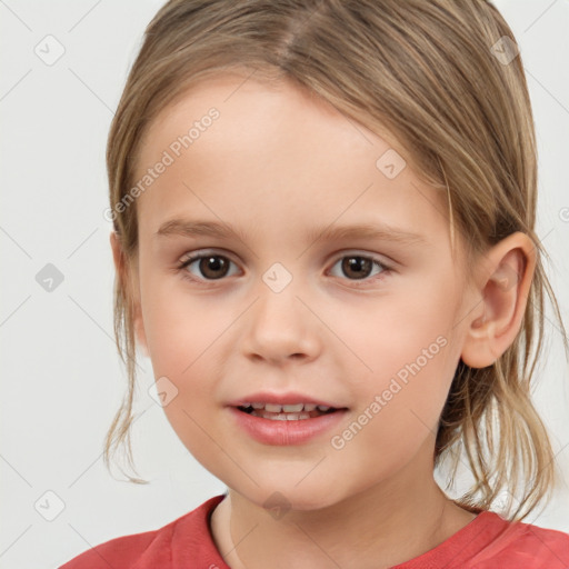 Joyful white child female with medium  brown hair and brown eyes