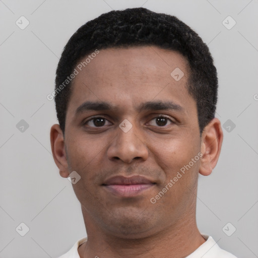 Neutral black young-adult male with short  black hair and brown eyes