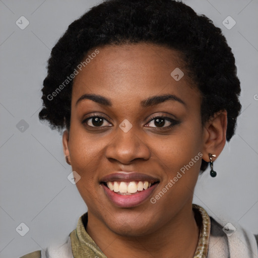 Joyful latino young-adult female with short  black hair and brown eyes