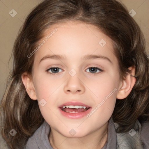 Joyful white child female with medium  brown hair and brown eyes