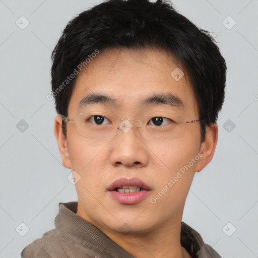 Neutral asian young-adult male with short  black hair and brown eyes