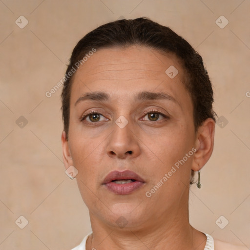 Neutral white adult female with short  brown hair and brown eyes