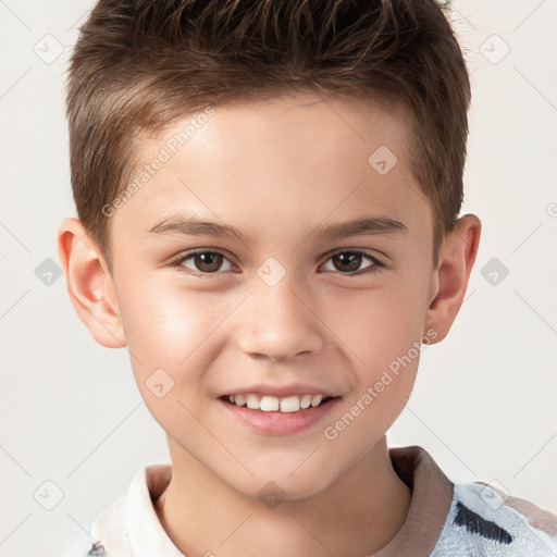 Joyful white child male with short  brown hair and brown eyes