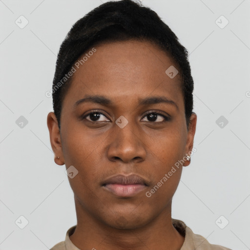 Neutral black young-adult female with short  black hair and brown eyes