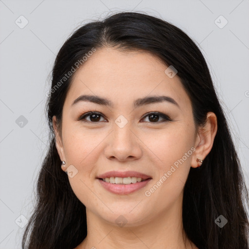 Joyful white young-adult female with long  brown hair and brown eyes