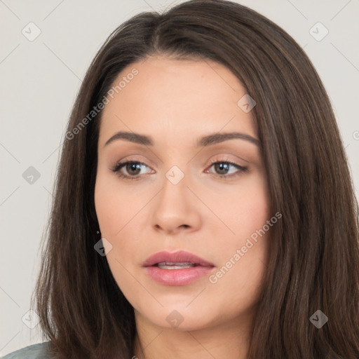 Neutral white young-adult female with long  brown hair and brown eyes