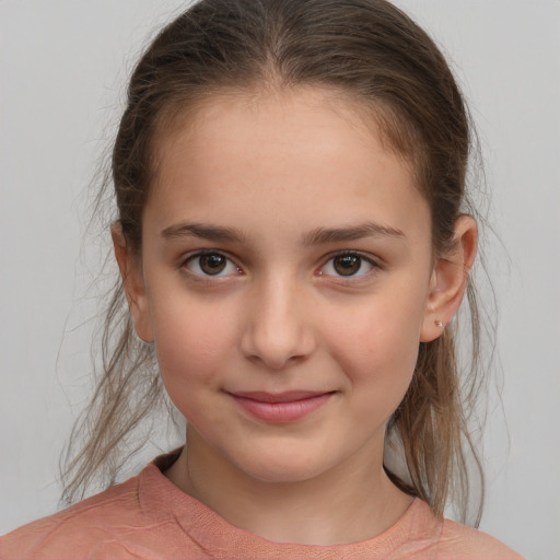 Joyful white child female with medium  brown hair and brown eyes