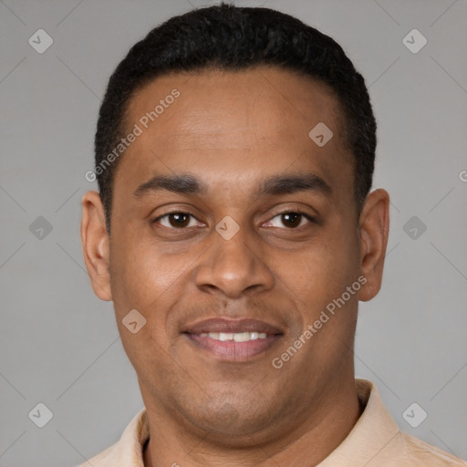 Joyful latino young-adult male with short  black hair and brown eyes