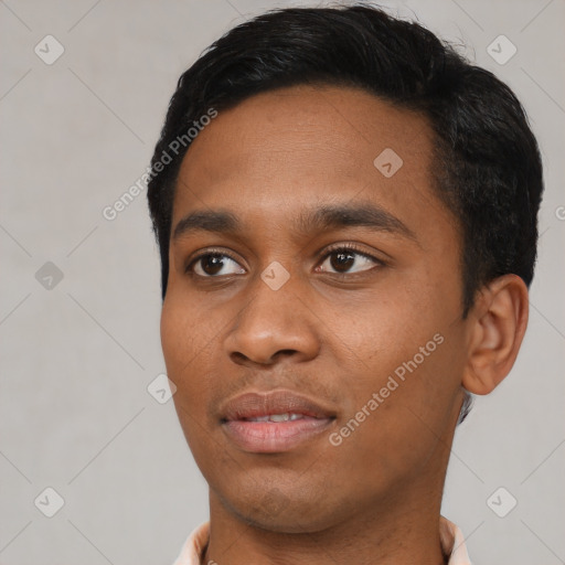 Neutral black young-adult male with short  black hair and brown eyes