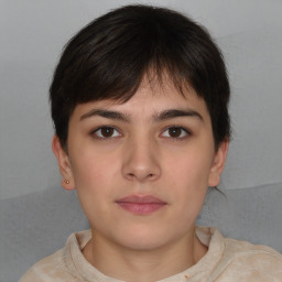 Neutral white young-adult female with short  brown hair and brown eyes