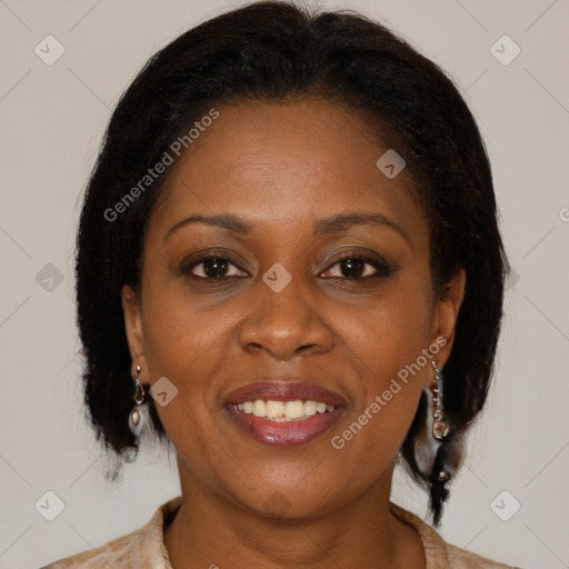 Joyful latino adult female with medium  brown hair and brown eyes