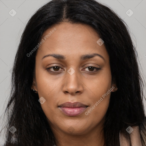 Joyful asian young-adult female with long  brown hair and brown eyes