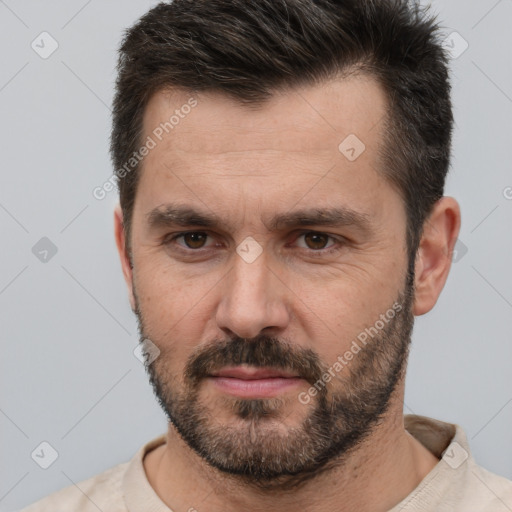 Neutral white adult male with short  brown hair and brown eyes