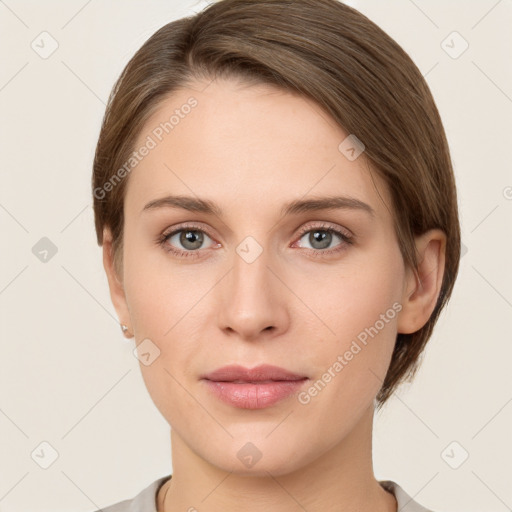 Neutral white young-adult female with short  brown hair and grey eyes