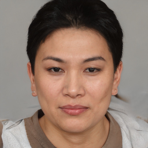 Joyful asian young-adult female with short  brown hair and brown eyes