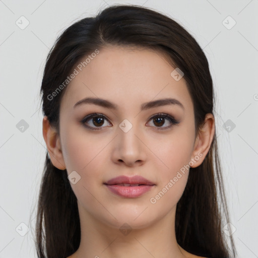 Neutral white young-adult female with long  brown hair and brown eyes