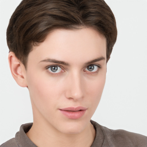 Neutral white young-adult female with short  brown hair and brown eyes