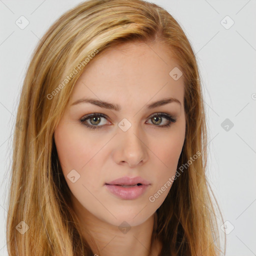 Neutral white young-adult female with long  brown hair and brown eyes