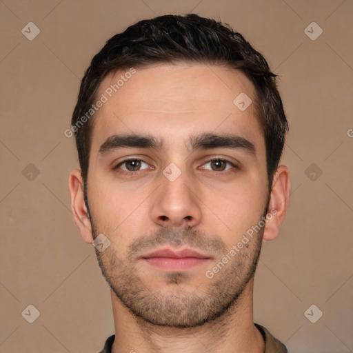 Neutral white young-adult male with short  brown hair and brown eyes