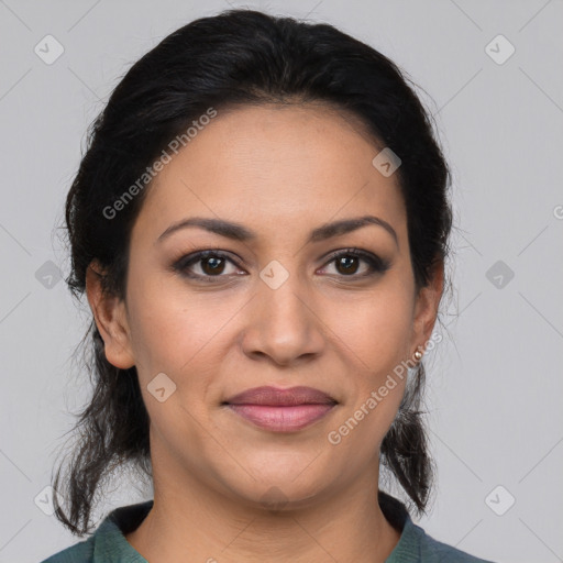 Joyful latino young-adult female with medium  brown hair and brown eyes