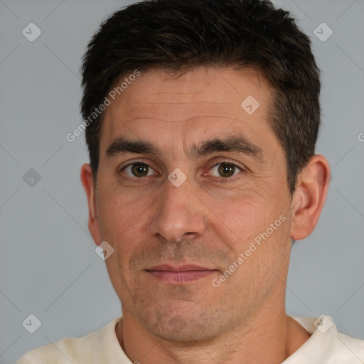 Neutral white adult male with short  brown hair and brown eyes