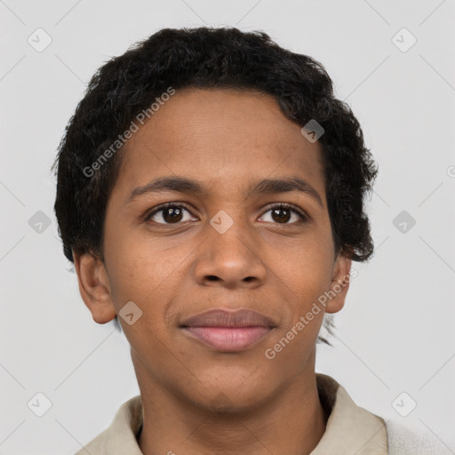 Joyful black young-adult male with short  brown hair and brown eyes