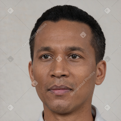 Neutral black adult male with short  black hair and brown eyes