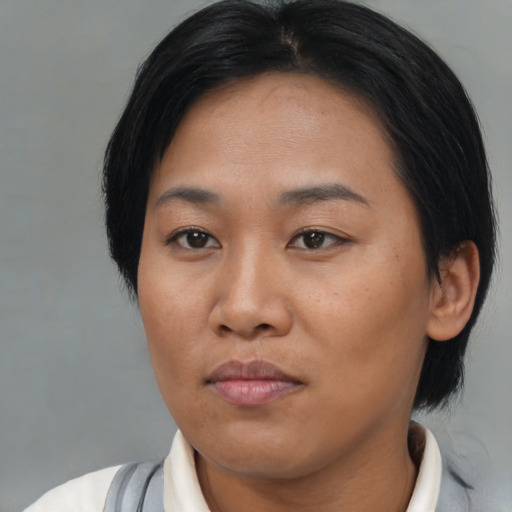 Neutral asian adult female with medium  brown hair and brown eyes