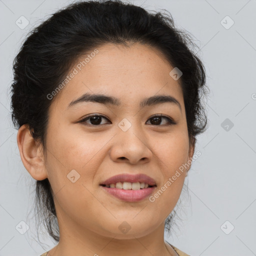 Joyful asian young-adult female with long  brown hair and brown eyes