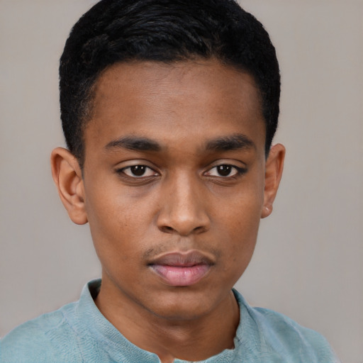 Neutral black young-adult male with short  black hair and brown eyes