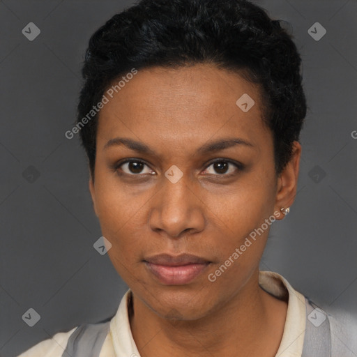 Neutral black young-adult female with short  black hair and brown eyes