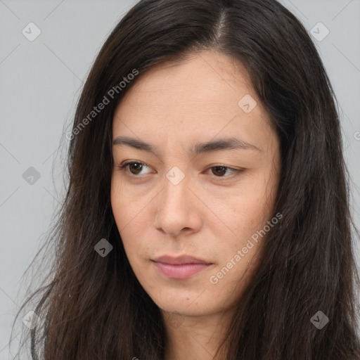 Neutral white young-adult female with long  brown hair and brown eyes