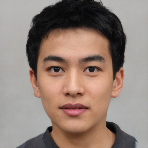 Neutral asian young-adult male with short  black hair and brown eyes