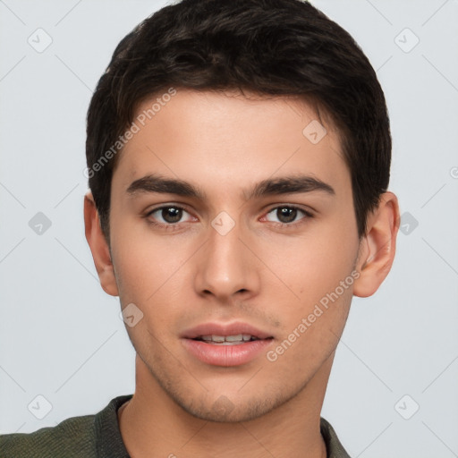 Neutral white young-adult male with short  brown hair and brown eyes