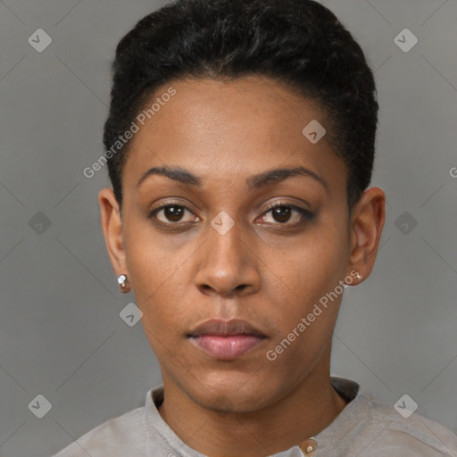 Neutral black young-adult female with short  black hair and brown eyes