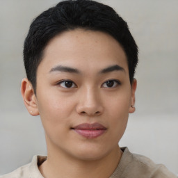 Joyful asian young-adult female with short  black hair and brown eyes