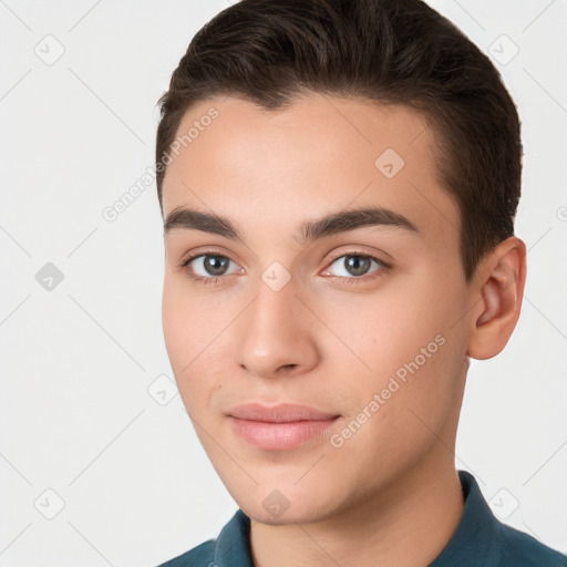 Neutral white young-adult male with short  brown hair and brown eyes